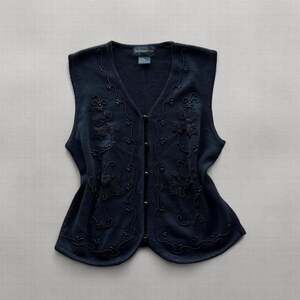 Vintage 90s Requirements Black Beaded Sweater Vest Womens M Floral Embroidered